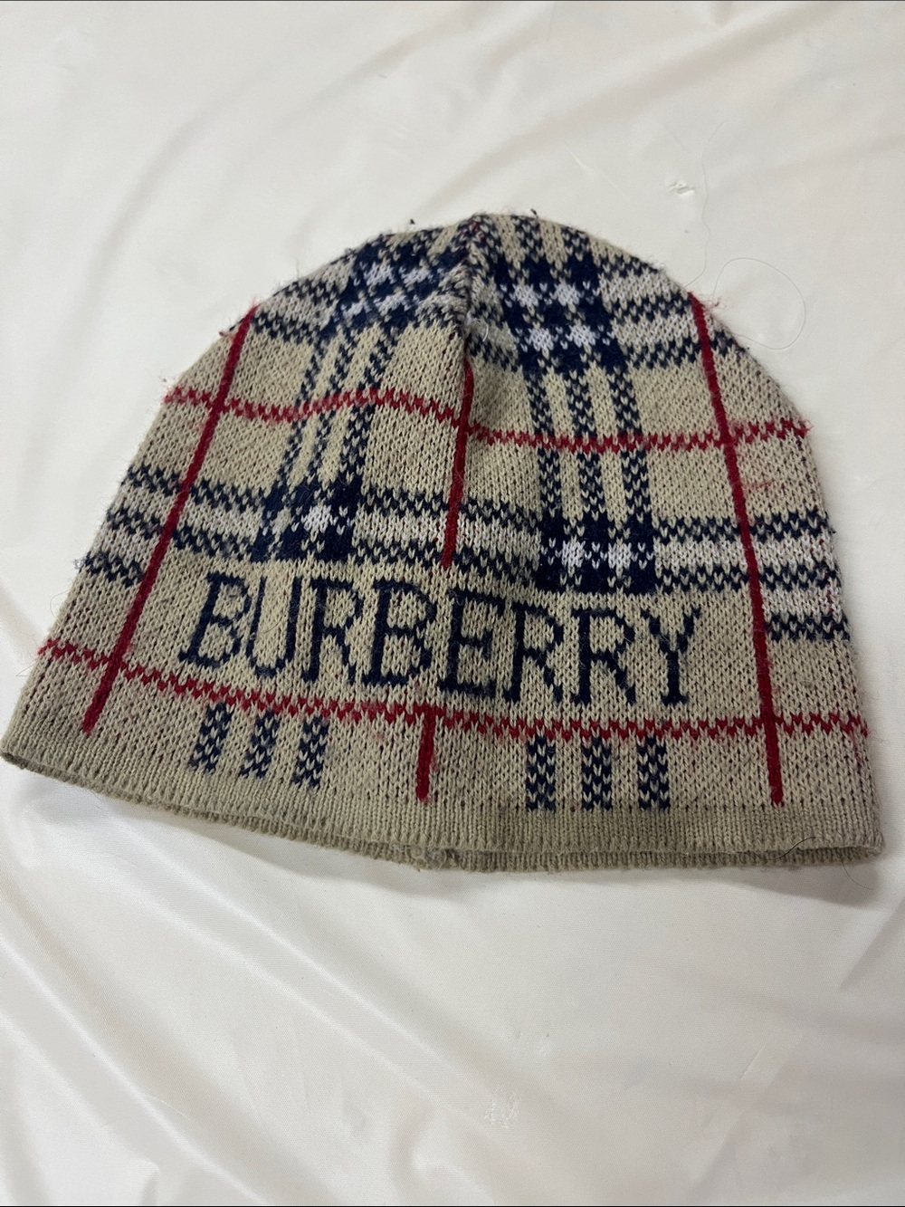 Burberry Beige Plaid Knit Beanie with Navy and Red Accents